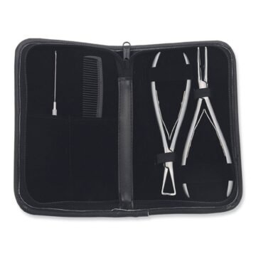 Professional 4-piece wholesale hair extension tool kit with application pliers, removal pliers, pulling needle, and sectioning comb
