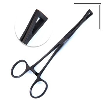 : Black titanium-coated solid-jaw non-slotted Pennington forceps in surgical-grade stainless steel