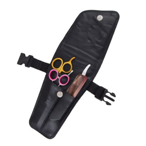 4-piece portable barber kit with yellow and pink accented styling shears, comb, and wearable holster bag