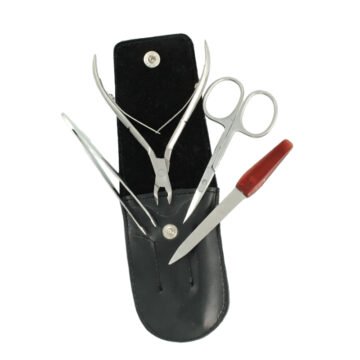 4-piece stainless steel manicure kit with cuticle nipper, scissors, tweezers, and nail file in black case