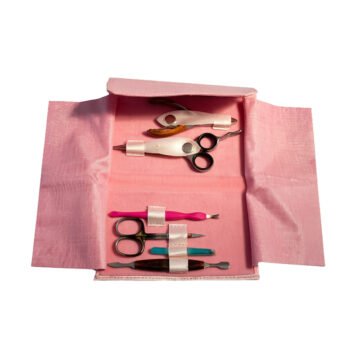 6-piece stainless steel manicure kit with tools in pink roll-up fabric wallet