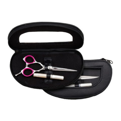 Stainless steel barber scissor with pink finger ring inserts in dual-layered oval leatherette pouch