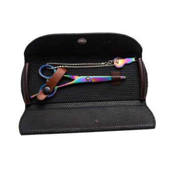Rainbow titanium-finish grooming scissor and cuticle pusher in black folding faux-leather case
