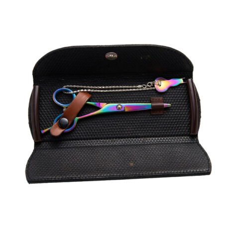Rainbow titanium-finish grooming scissor and cuticle pusher in black folding faux-leather case