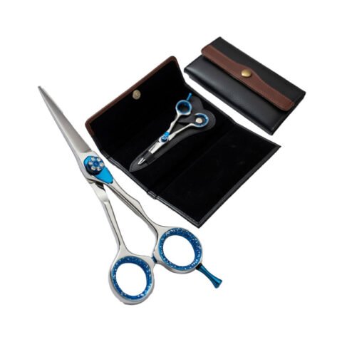 : Blue crystal-accented barber cutting and thinning scissor set in faux-leather storage case