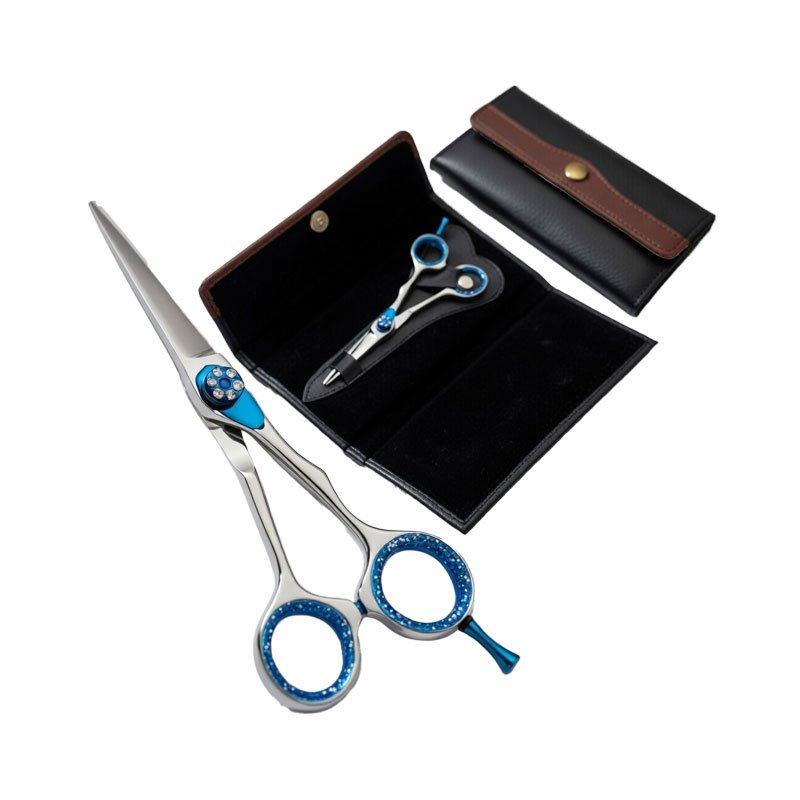 : Blue crystal-accented barber cutting and thinning scissor set in faux-leather storage case
