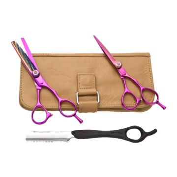 Professional hairdressing kit with thinning shears, straight cutting shears, and thinning razor in tan leatherette pouch