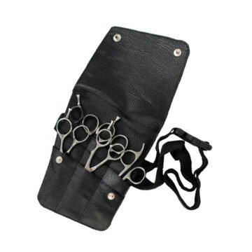 Black leather barber scissor holster pouch with multiple tool slots and adjustable belt strap