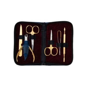 6-piece gold-plated manicure kit with nipper, scissors, and tweezers in velvet-lined zipper case