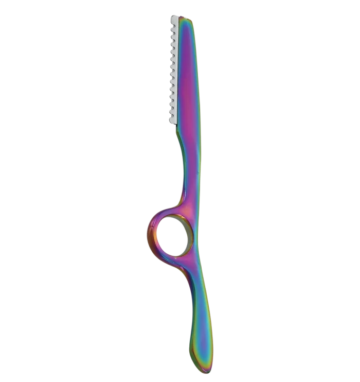 Rainbow plasma coated barber styling razor with guarded blade and finger-loop grip, surgical-grade stainless steel