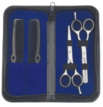 4-piece grooming kit with stainless steel cutting shears, thinning scissors, and two combs in PU leather case