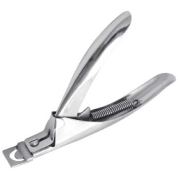 Spring-loaded stainless steel guillotine nail cutter with U-shaped blade for acrylic tips