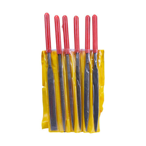 5-piece needle file set with red handles in protective pouch, wholesale manufacturer