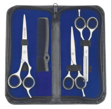 Barber grooming kit with stainless steel scissors, thinning shears, and comb in blue velvet PU leather case