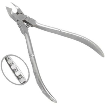 Precision cutting nipper tool featuring an indented grip design with a detailed inset view