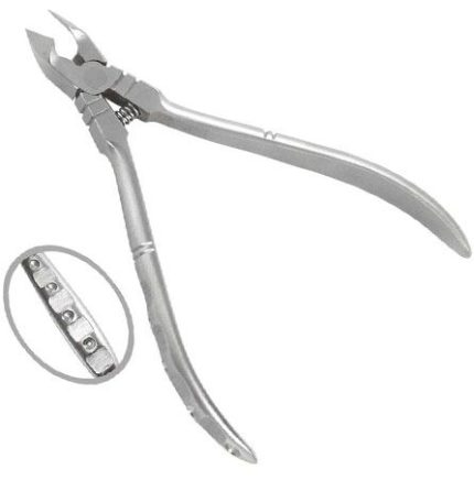 Precision cutting nipper tool featuring an indented grip design with a detailed inset view