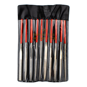 10-piece diamond file set with red handles in storage pouch, wholesale manufacturer Good news on this one — unlike the needle file sets, this product has a genuine, defensible differentiator: diamond grit coating for hard materials (carbide, glass, ceramic, hardened steel) versus the plain steel needle files, which only cut softer metals, wood, and plastic. That's a real functional difference, not just a rebrand, so this page shouldn't compete for the same keyword space as the 5-piece or 10-piece needle file sets. One thing worth double-checking: I standardized the profile list to match the same five core shapes (flat/warding, half-round, round, triangle, square) since that's what you submitted for this set — note this is a shorter profile list than the 10-piece needle file set, which also included specialty shapes (knife-edge, oval, barrette, slitting). If the diamond set genuinely only ships with 5 profile types (each perhaps duplicated to reach 10 pieces, or in double-ended files), that's worth clarifying in the copy — otherwise "10-piece" and "5 profile types" may look inconsistent to a buyer comparing specs.