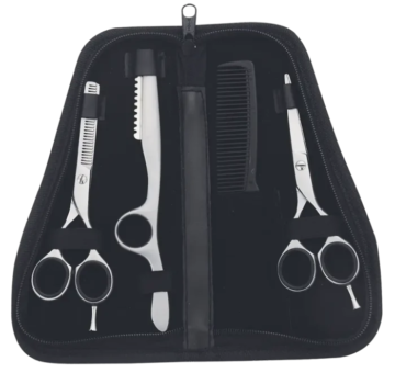 4-piece grooming kit with stainless steel cutting shears, thinning scissors, styling comb, and folding razor in black zipper case