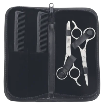 Wholesale professional barber grooming kit with hair cutting scissors, texturizing shears, combs, and pouch