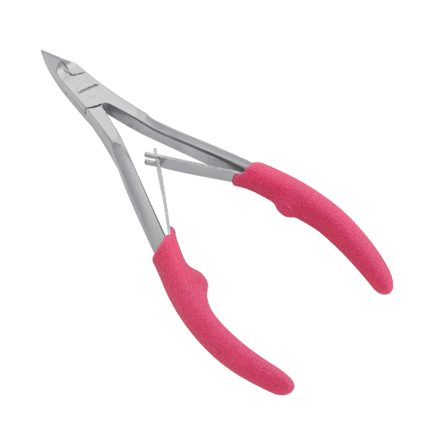 Stainless steel nipper tool featuring pink textured comfort grips