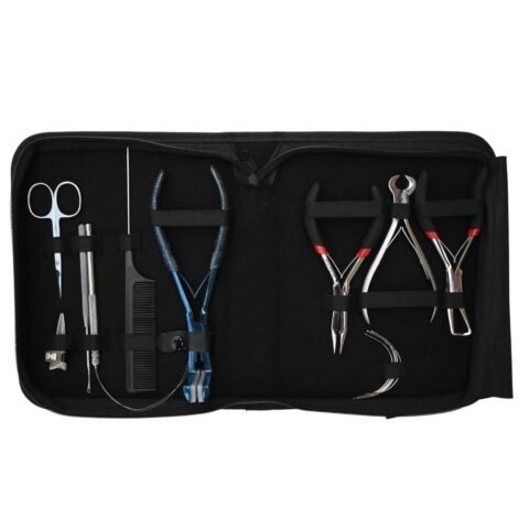 Hair Extension Tool Kit with rexine case – blue tape-in plier, keratin bond cutter, bead remover pliers, tail comb, and mini scissor for salon and wholesale use