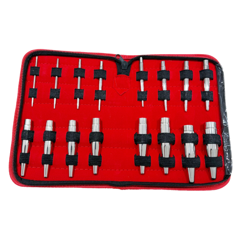 18-piece taper insertion pin set — surgical-grade stainless steel body piercing kit in zippered case, wholesale