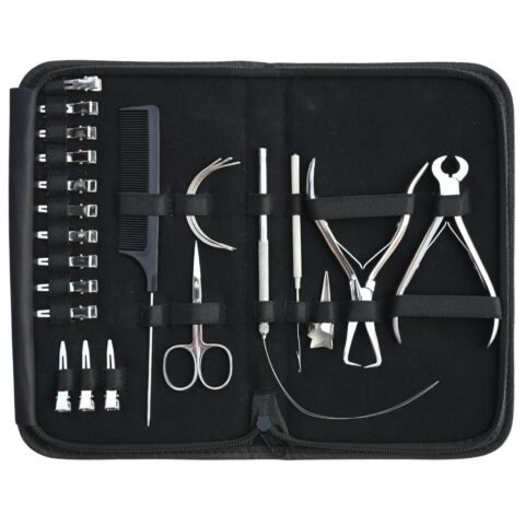 Hair Extension Tools Kit with Keratin Bond Cutter in black zipper case – bond cutter, bead remover pliers, pulling hook, loop tool, scissors, and tail comb for salon and wholesale use