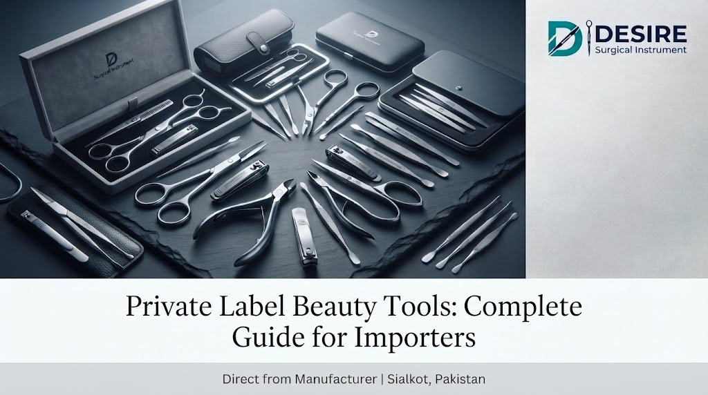 Private label beauty tools guide showing surgical-grade stainless steel manufacturing in Sialkot.