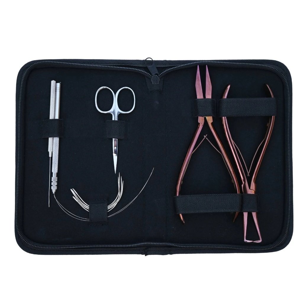 Pro Microlink Hair Extension Kit with Flat Crimping Plier, Threading Hook & Loop Tool (Black Case)