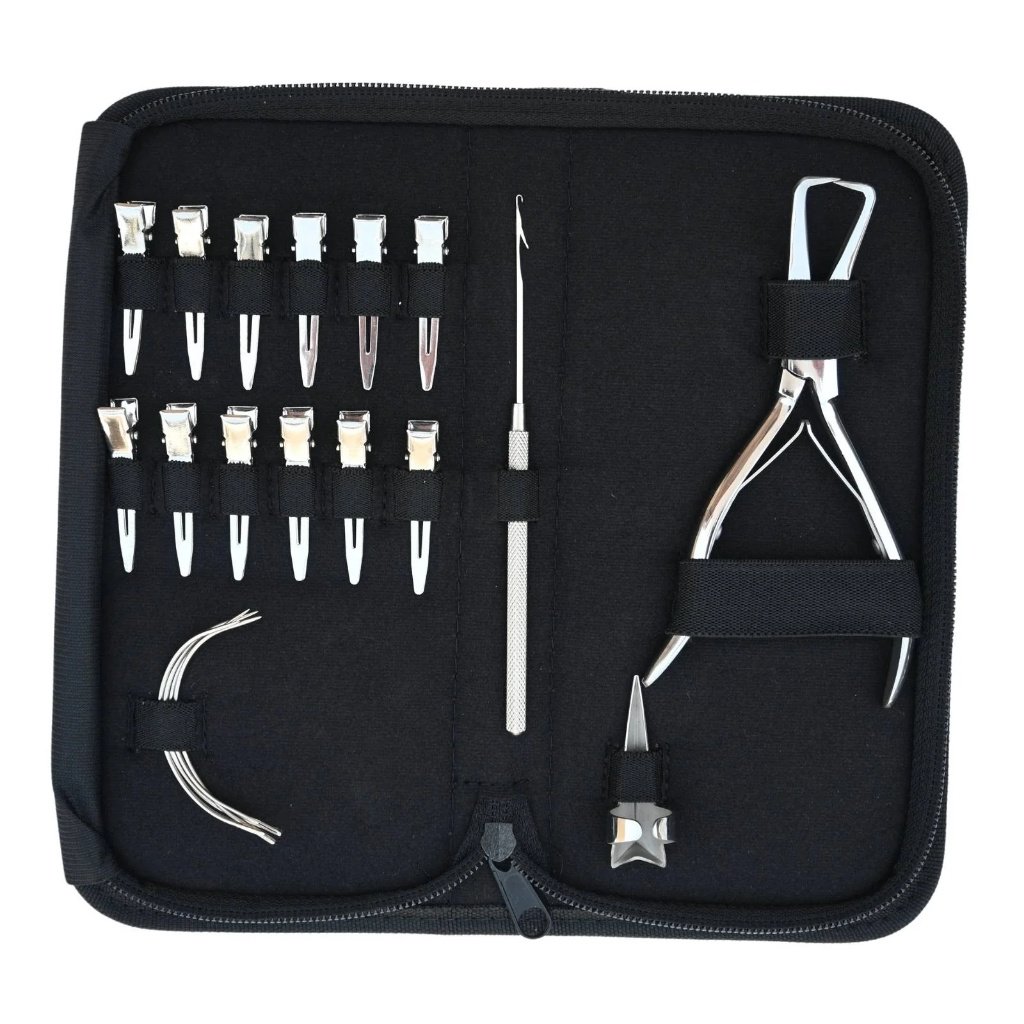 Hair Extension Tools Kit with black rexine case – bead remover pliers, pulling hook, sectioning clips, needles, and parting finger for salon and wholesale use