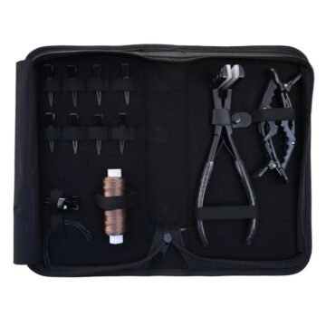 Professional Hair Extension Tool Kit with Tape-In Plier, Wig Threads & Styling Clips (Black Case)