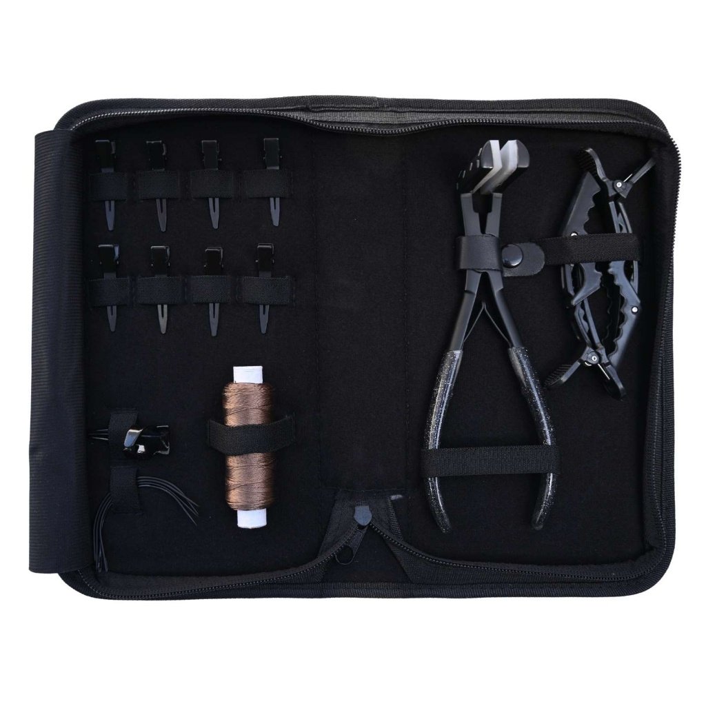 Professional Hair Extension Tool Kit with black case – tape-in plier, styling clips, sectioning clips, wig threads, and curved needles for salon and wholesale use