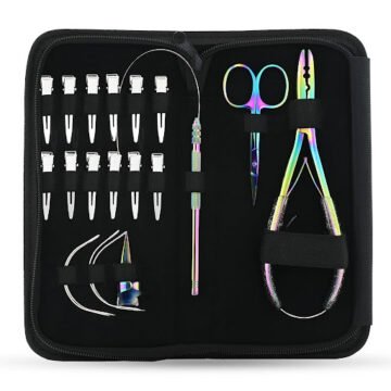 Rainbow Finish Hair Extension Tool Kit with black zipper case – multi-color crimping pliers, sectioning clips, scissors, and needles for salon and wholesale use