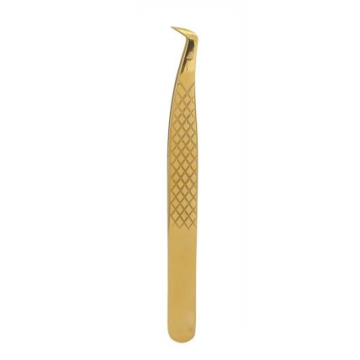 Gold diamond textured curved eyelash tweezers with non-slip grip by Desire Surgical Instrument