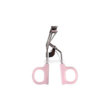 Spring-loaded silver eyelash curler with pastel pink plastic handles by DESIRE Surgical Instruments