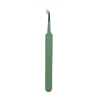 Sage green diamond grip 45 degree eyelash tweezers with curved fine tip by Desire Surgical Instrument