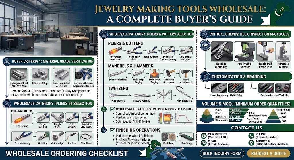 Jewelry making tools wholesale including nylon jaw, round nose, and parallel pliers