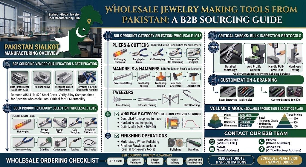 Wholesale jewelry making tools from Pakistan including nylon jaw, round nose, and parallel pliers