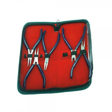 5 piece mini jewelry making pliers kit with dark blue handles and red-lined pouch by Desire Surgical Instrument